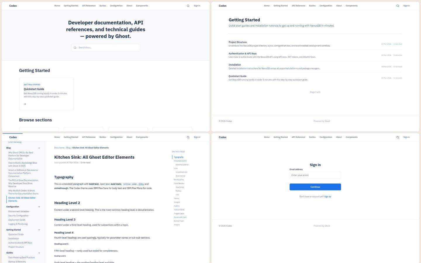 Codex theme — documentation layout with sidebar navigation and code blocks