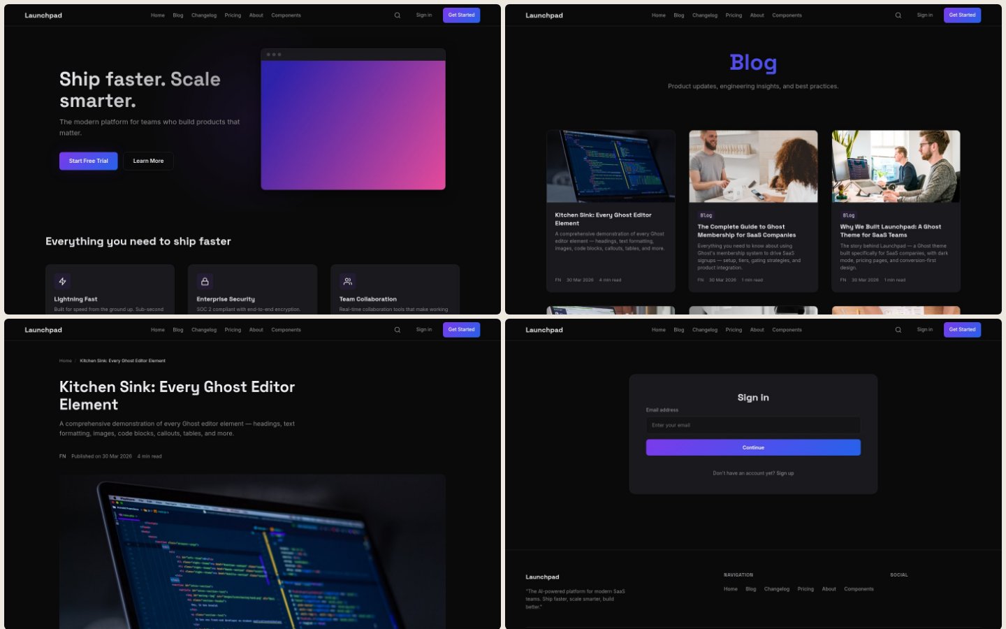 Launchpad theme — SaaS landing page with pricing toggle and changelog timeline