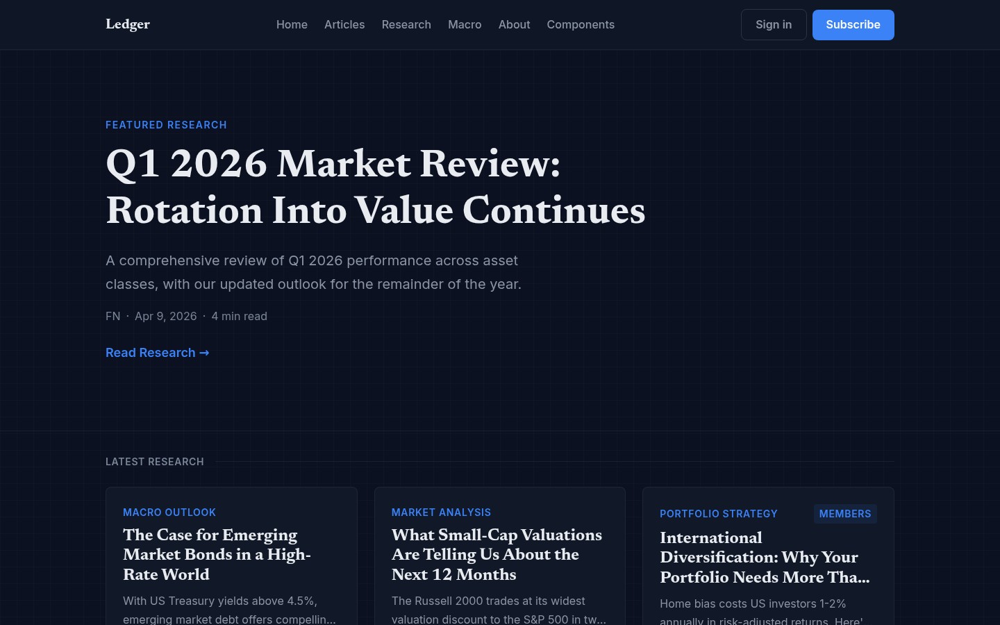 Ledger theme - dark finance newsletter with featured research hero and category cards